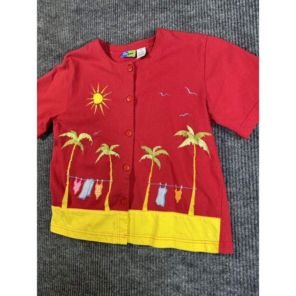 Onque Women's Embroidered Beach Button Front Blouse Red Yellow Short Sleeve S - Picture 3 of 11